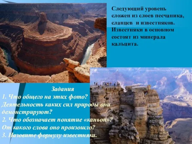 Следующий уровень сложен из слоев песчаника, сланцев и известняков. Известняки в основном