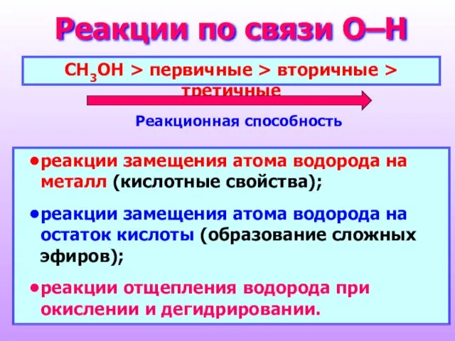 Реакции по связи О–Н CH3OH > первичные > вторичные > третичные реакции