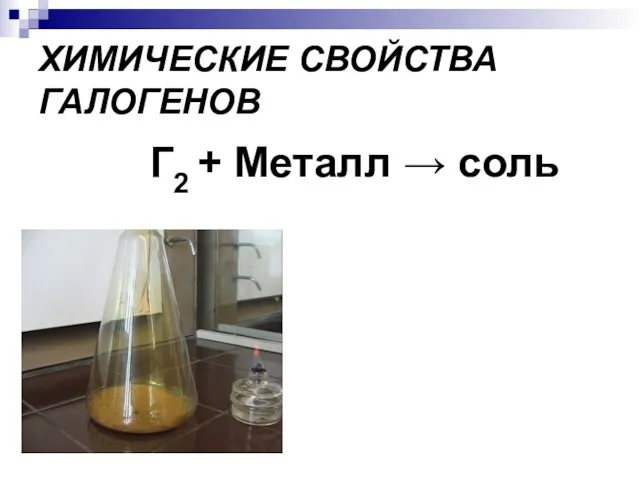 ХИМИЧЕСКИЕ СВОЙСТВА ГАЛОГЕНОВ Г2 + Металл → соль