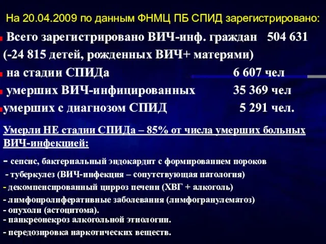 На 20.04.2009 по данным ФНМЦ ПБ СПИД зарегистрировано: Всего зарегистрировано ВИЧ-инф. граждан