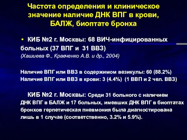 Частота определения и клиническое значение наличие ДНК ВПГ в крови, БАЛЖ, биоптате