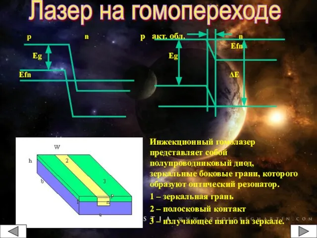 Инжекционный гомолазер представляет собой полупроводниковый диод, зеркальные боковые грани, которого образуют оптический