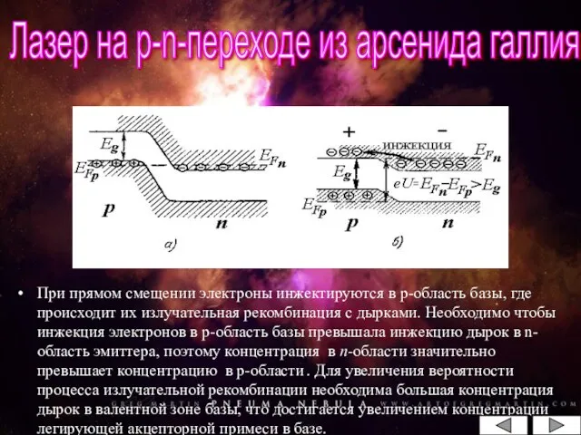 При прямом смещении электроны инжектируются в р-область базы, где происходит их излучательная