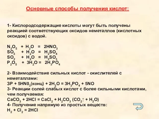 Основные способы получения кислот: 1- Кислородсодержащие кислоты могут быть получены реакцией соответствующих