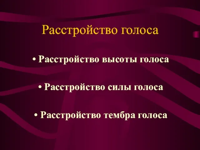 Расстройство голоса Расстройство высоты голоса Расстройство силы голоса Расстройство тембра голоса