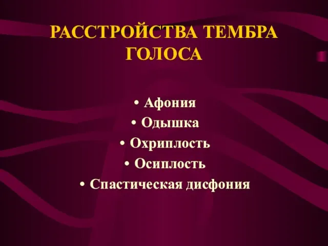 РАССТРОЙСТВА ТЕМБРА ГОЛОСА Афония Одышка Охриплость Осиплость Спастическая дисфония