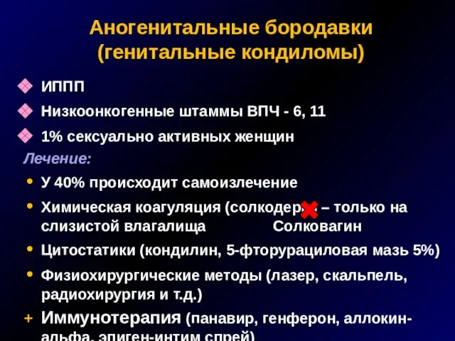 Аногенитальные бородавки (генитальные кондиломы) ИППП Низкоонкогенные штаммы ВПЧ - 6, 11 1%