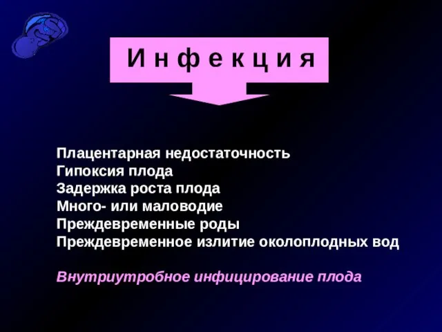 И н ф е к ц и я Плацентарная недостаточность Гипоксия плода