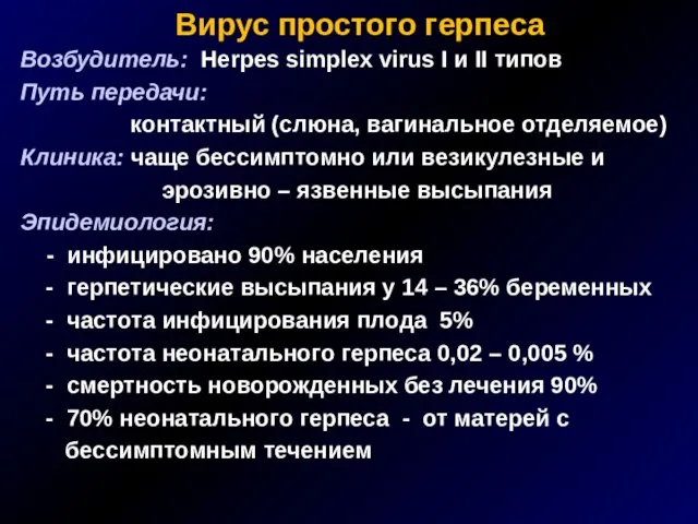 Вирус простого герпеса Возбудитель: Herpes simplex virus I и II типов Путь