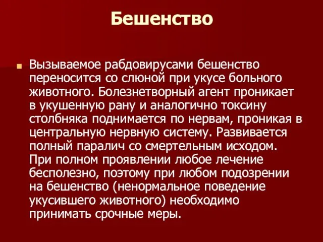 Бешенство Вызываемое рабдовирусами бешенство переносится со слюной при укусе больного животного. Болезнетворный