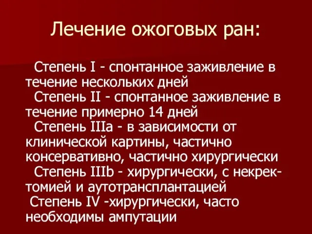 Лечение ожоговых ран: Степень I - спонтанное заживление в течение нескольких дней