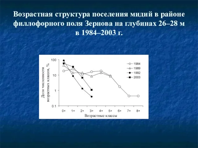 Возрастная структура поселения мидий в районе филлофорного поля Зернова на глубинах 26–28 м в 1984–2003 г.