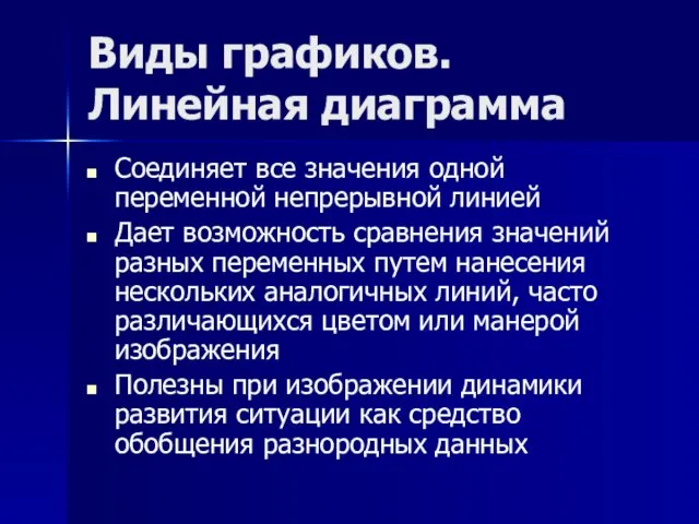 Виды графиков. Линейная диаграмма Соединяет все значения одной переменной непрерывной линией Дает