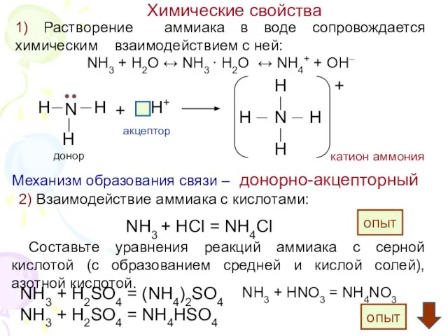 Химические свойства NH3 + H2O ↔ NH3 · H2O ↔ NH4+ +