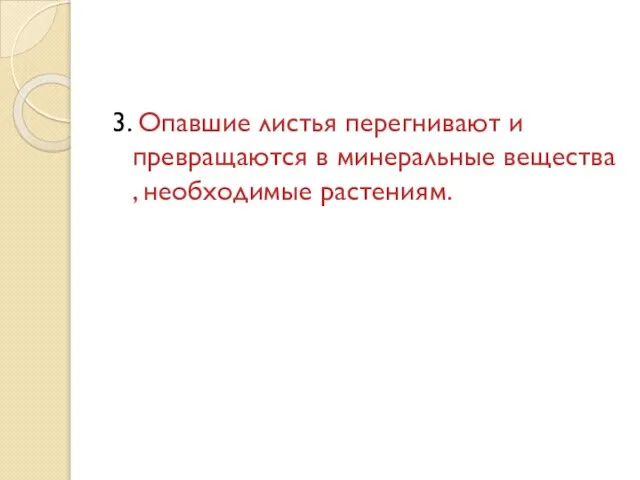 3. Опавшие листья перегнивают и превращаются в минеральные вещества , необходимые растениям.