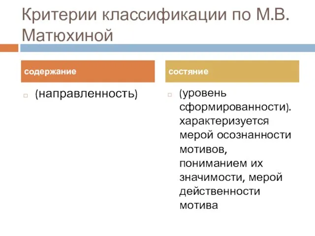 Критерии классификации по М.В. Матюхиной (направленность) (уровень сформированности). характеризуется мерой осознанности мотивов,