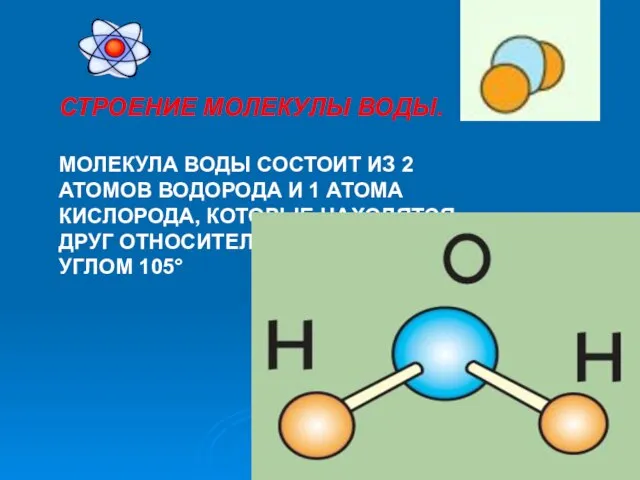 СТРОЕНИЕ МОЛЕКУЛЫ ВОДЫ. МОЛЕКУЛА ВОДЫ СОСТОИТ ИЗ 2 АТОМОВ ВОДОРОДА И 1