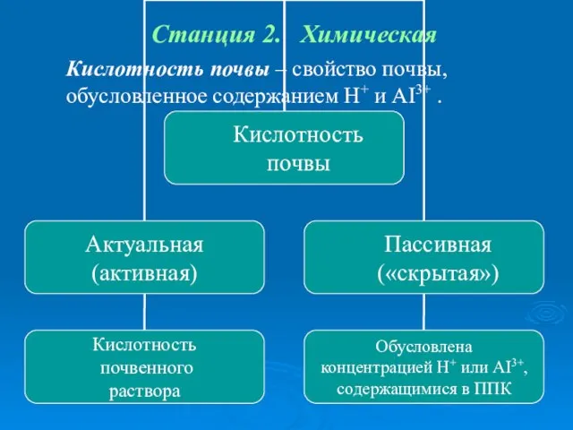 Станция 2. Химическая Кислотность почвы – свойство почвы, обусловленное содержанием H+ и AI3+ .