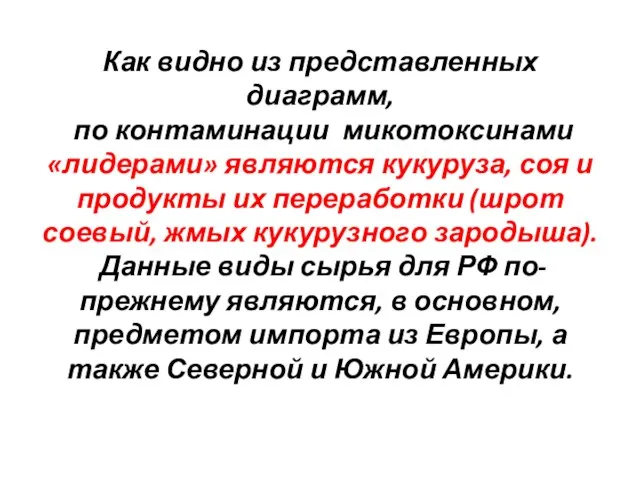 Как видно из представленных диаграмм, по контаминации микотоксинами «лидерами» являются кукуруза, соя