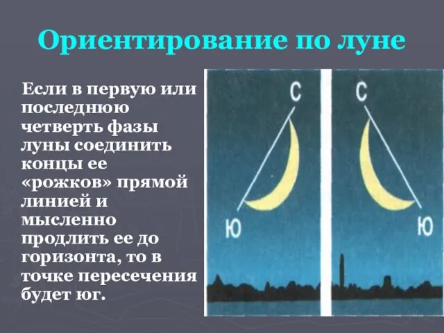 Ориентирование по луне Если в первую или последнюю четверть фазы луны соединить