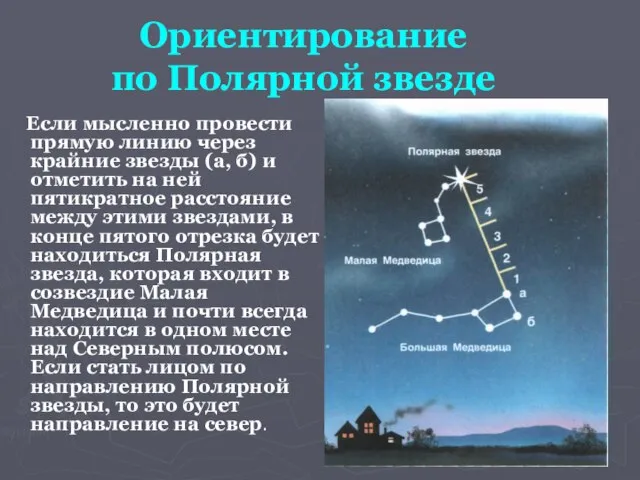 Ориентирование по Полярной звезде Если мысленно провести прямую линию через крайние звезды