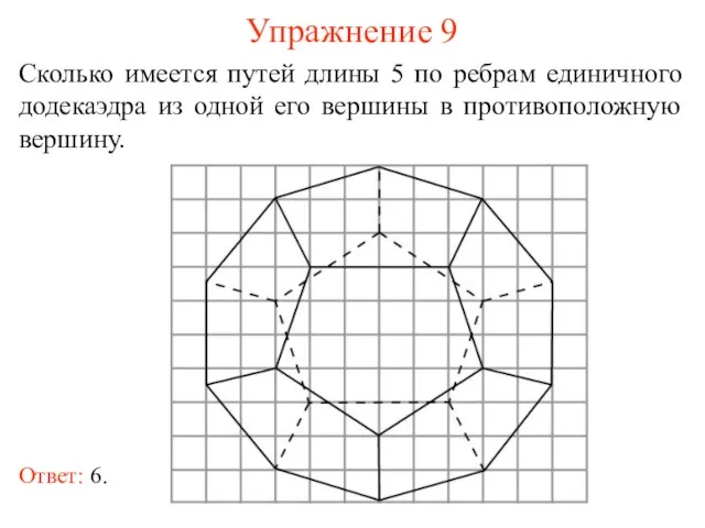 Упражнение 9 Сколько имеется путей длины 5 по ребрам единичного додекаэдра из
