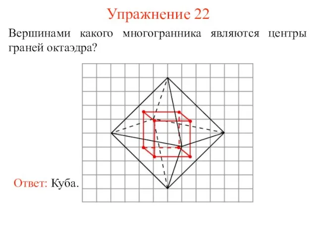 Упражнение 22 Вершинами какого многогранника являются центры граней октаэдра?