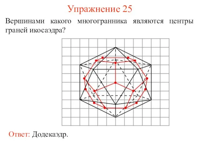 Упражнение 25 Вершинами какого многогранника являются центры граней икосаэдра?