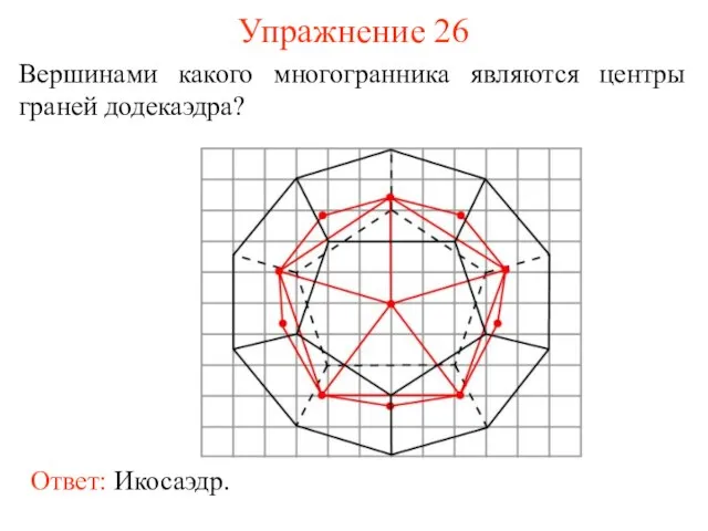 Упражнение 26 Вершинами какого многогранника являются центры граней додекаэдра?