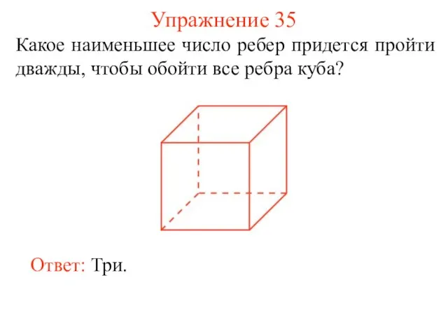 Упражнение 35 Какое наименьшее число ребер придется пройти дважды, чтобы обойти все ребра куба? Ответ: Три.