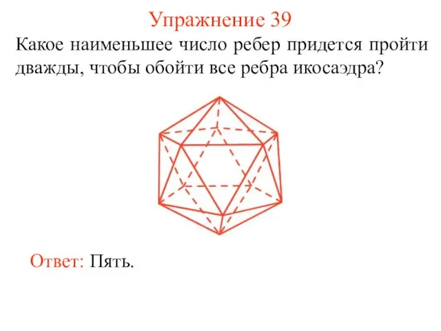 Упражнение 39 Какое наименьшее число ребер придется пройти дважды, чтобы обойти все ребра икосаэдра? Ответ: Пять.