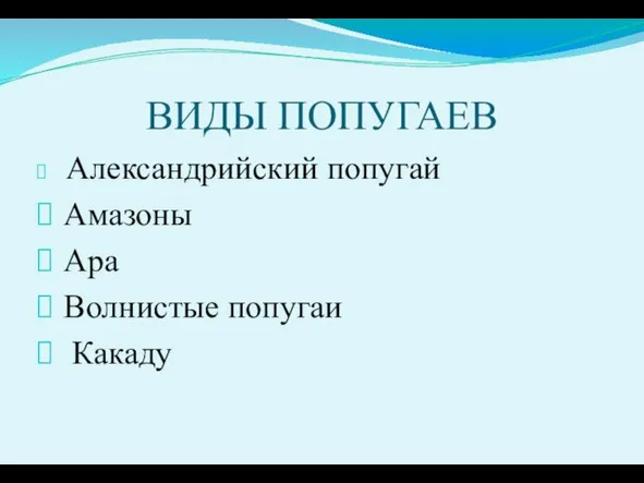 ВИДЫ ПОПУГАЕВ Александрийский попугай Амазоны Ара Волнистые попугаи Какаду