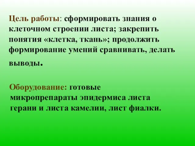 Цель работы: сформировать знания о клеточном строении листа; закрепить понятия «клетка, ткань»;