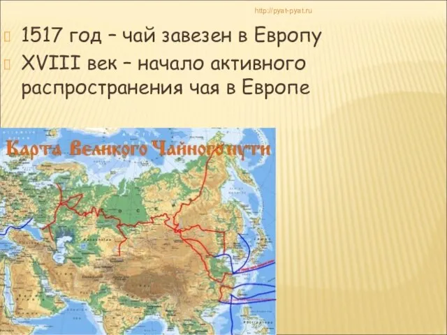 1517 год – чай завезен в Европу XVIII век – начало активного