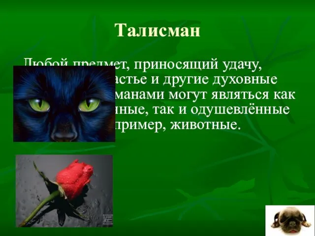 Талисман Любой предмет, приносящий удачу, здоровье, счастье и другие духовные блага. Талисманами