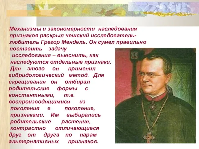 Механизмы и закономерности наследования признаков раскрыл чешский исследователь-любитель Грегор Мендель. Он сумел