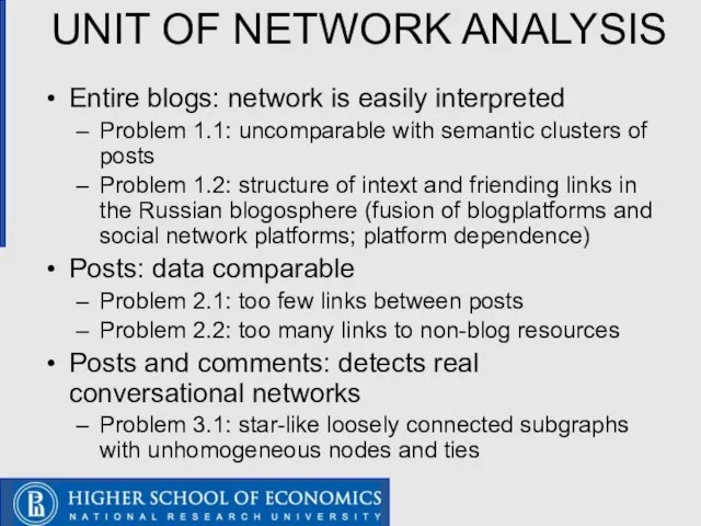 UNIT OF NETWORK ANALYSIS Entire blogs: network is easily interpreted Problem 1.1: