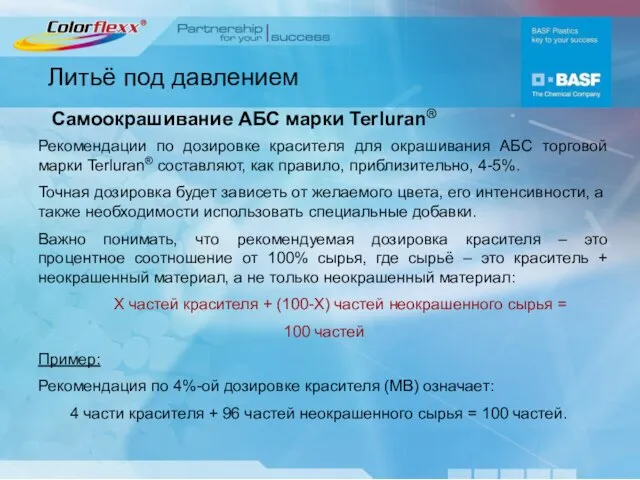 Литьё под давлением Самоокрашивание АБС марки Terluran® Рекомендации по дозировке красителя для