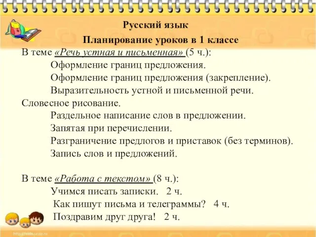 Русский язык Планирование уроков в 1 классе В теме «Речь устная и