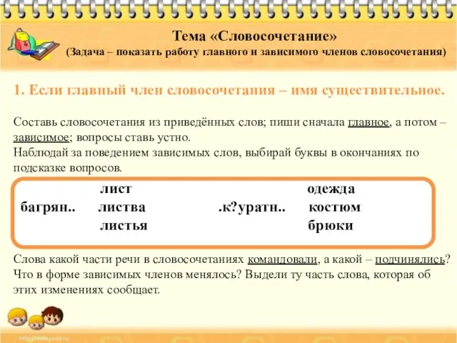 Тема «Словосочетание» (Задача – показать работу главного и зависимого членов словосочетания) 1.