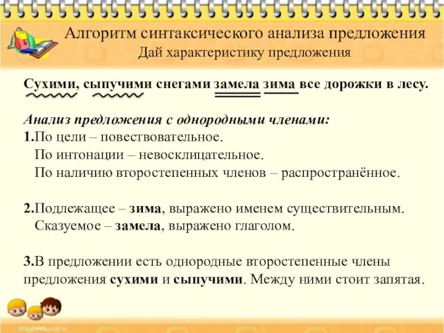 Алгоритм синтаксического анализа предложения Дай характеристику предложения Сухими, сыпучими снегами замела зима