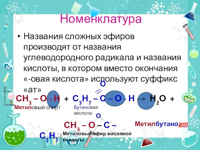 Номенклатура Названия сложных эфиров производят от названия углеводородного радикала и названия кислоты,