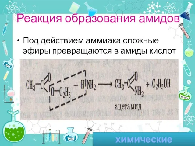 Реакция образования амидов Под действием аммиака сложные эфиры превращаются в амиды кислот и спирты химические свойства