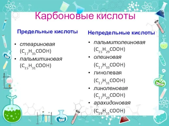 Карбоновые кислоты Предельные кислоты стеариновая (C17H35COOH) пальмитиновая (C15H31COOH) Непредельные кислоты пальмитолеиновая (C15H29COOH)