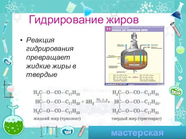 Гидрирование жиров Реакция гидрирования превращает жидкие жиры в твердые мастерская