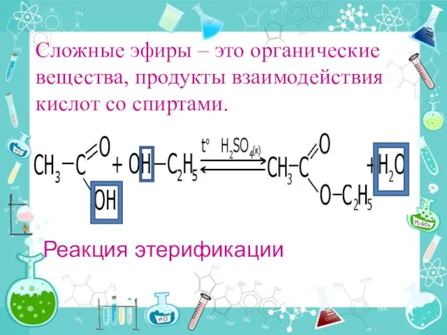 Сложные эфиры – это органические вещества, продукты взаимодействия кислот со спиртами. Реакция этерификации