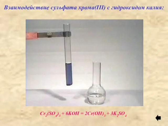 Взаимодействие сульфата хрома(III) с гидроксидом калия: Cr2(SO4)3 + 6KOH = 2Cr(OH)3 + 3K2SO4