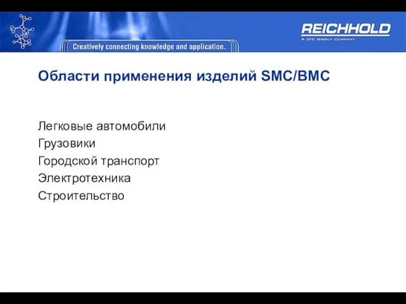 Области применения изделий SMC/BMC Легковые автомобили Грузовики Городской транспорт Электротехника Строительство
