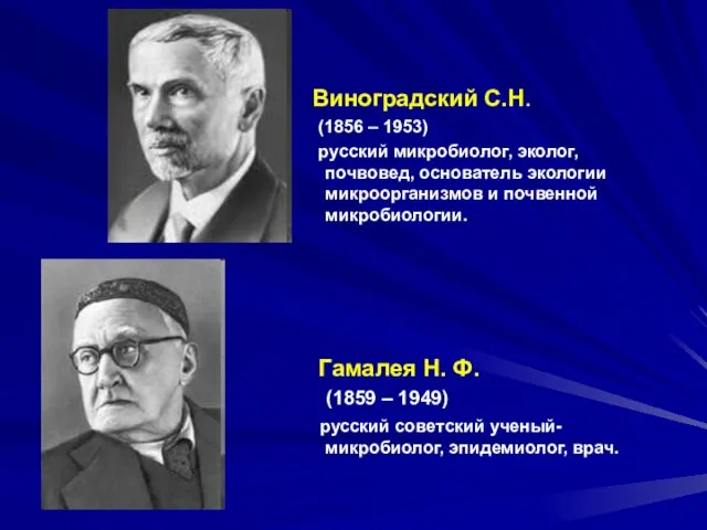 Виноградский С.Н. (1856 – 1953) русский микробиолог, эколог, почвовед, основатель экологии микроорганизмов