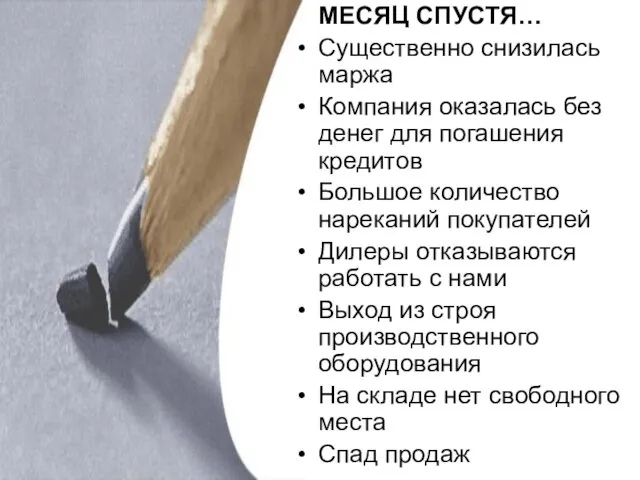 МЕСЯЦ СПУСТЯ… Существенно снизилась маржа Компания оказалась без денег для погашения кредитов